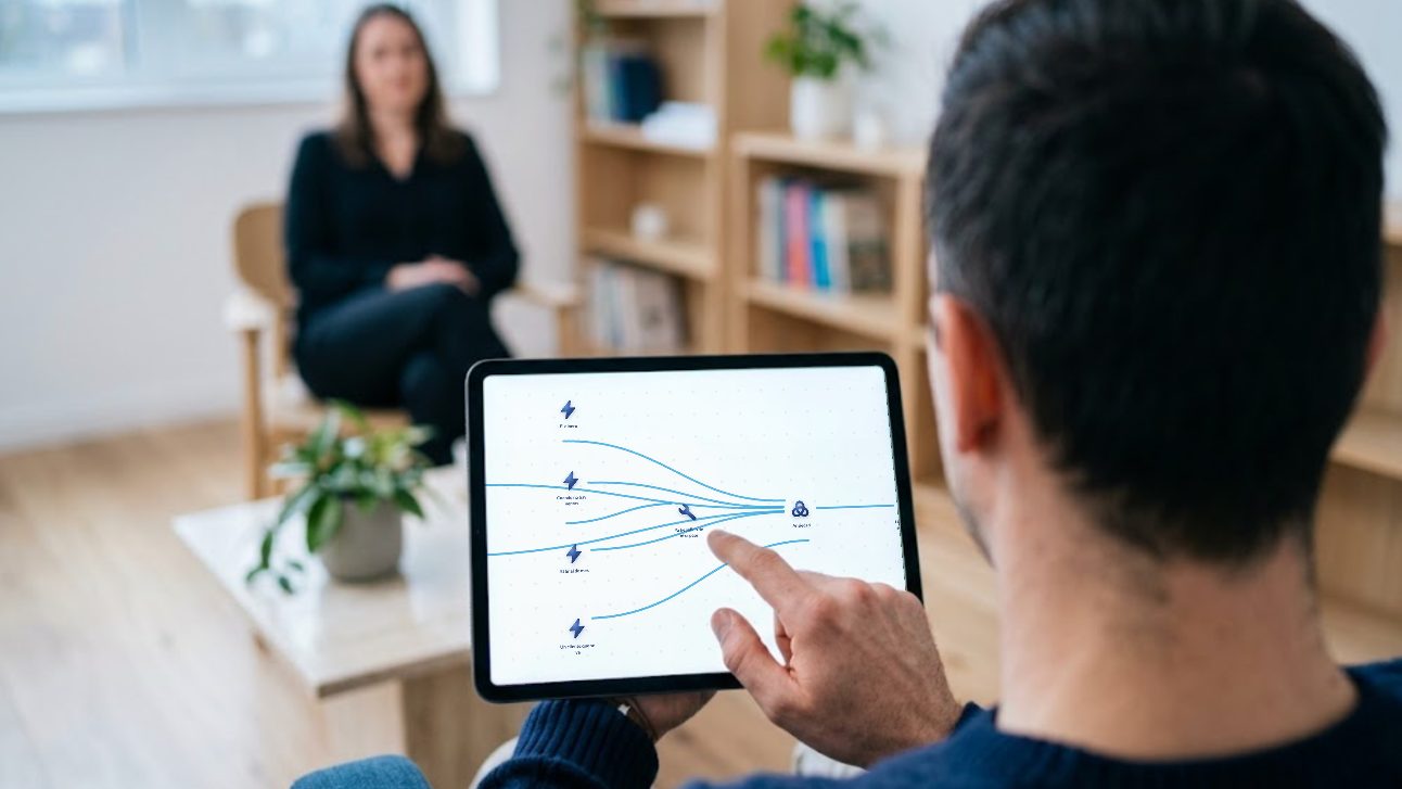 Un paciente, de espaldas, recorre en el iPad la presentación de su mapa de conflictos, con la psicóloga desenfocada al fondo.