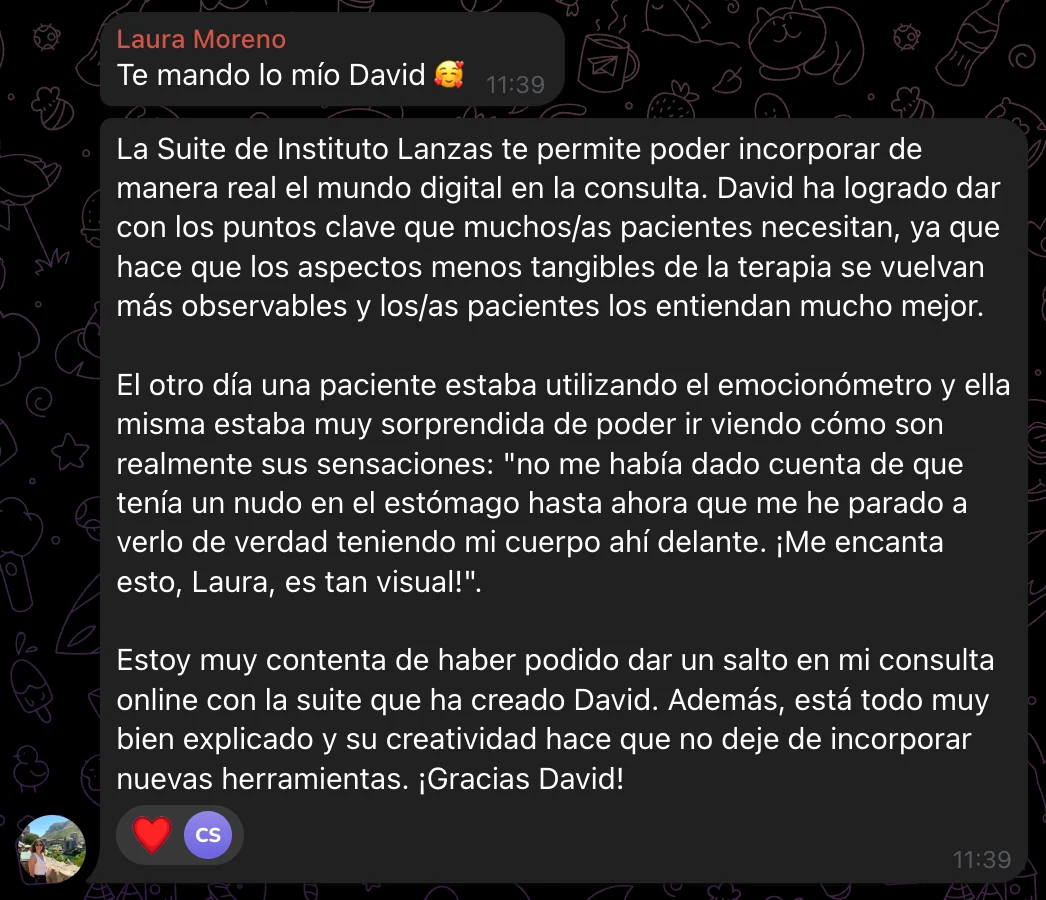 Mensaje de Laura Moreno, psicóloga, en el grupo de Telegram de la Suite: cuenta que una paciente, con el Emocionómetro, se dio cuenta del nudo en el estómago.