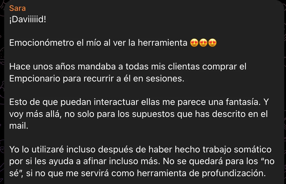 Mensaje de Sara, psicóloga, en el grupo de Telegram de la Suite: «Esto de que puedan interactuar ellas me parece una fantasía», sobre el Emocionómetro.